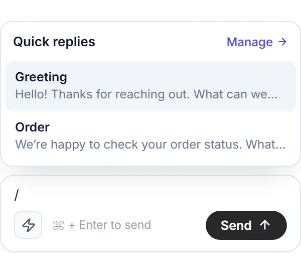 The quick-replies picker open above the reply box after typing a slash, listing Greeting and Order.
