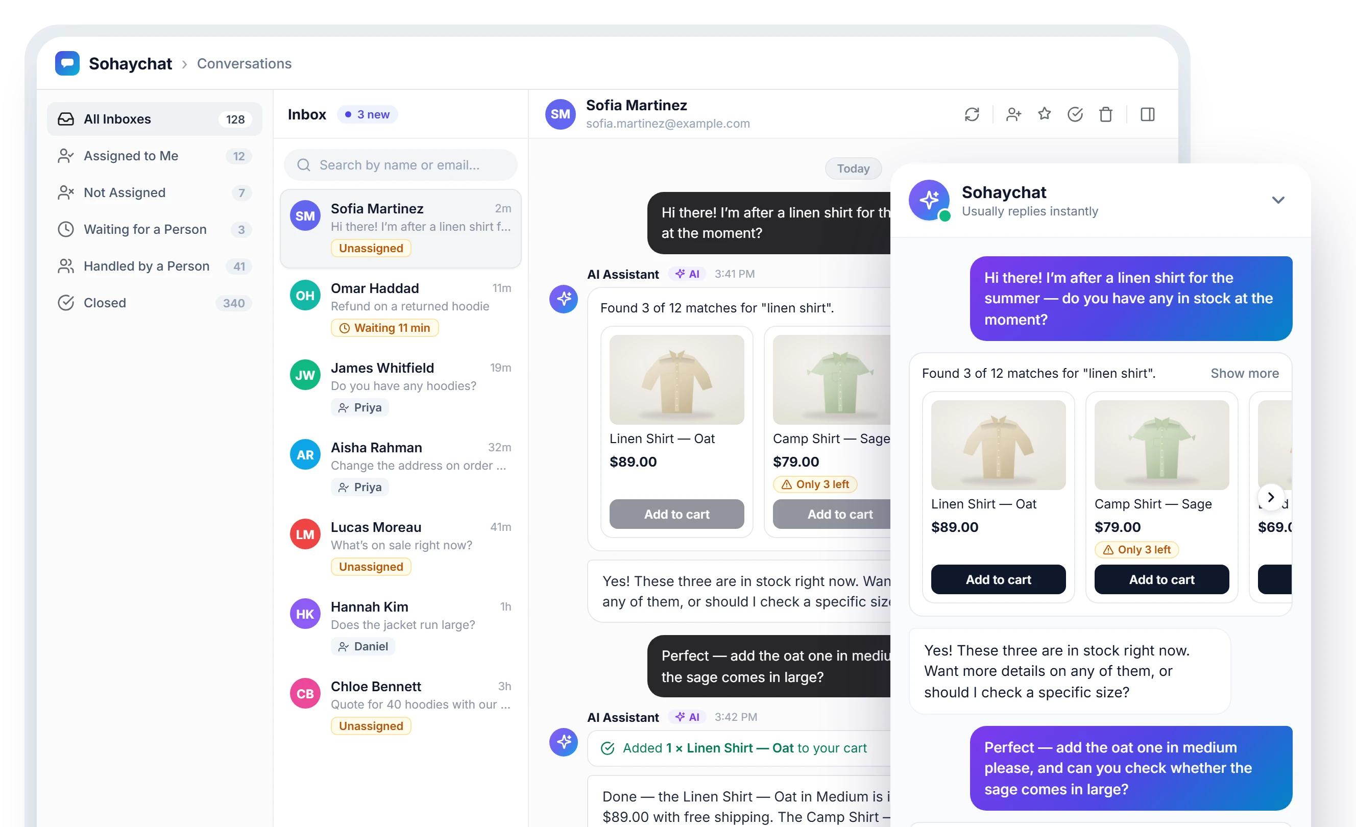 The Sohaychat chat widget: a shopper searching for a linen shirt sees three matches with prices and Add to cart buttons, adds one to the cart with an Undo option, and gets a confirmation. On wide screens the team’s Conversations inbox sits behind it with the same thread open.