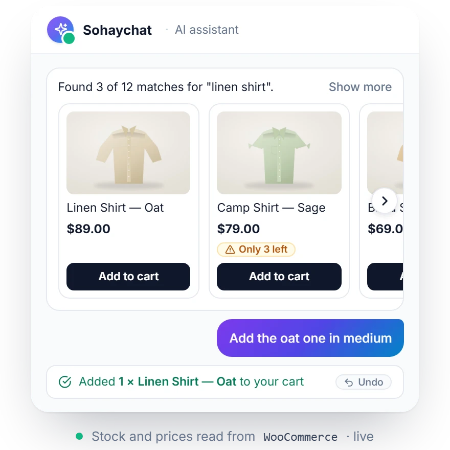 A product search in the chat — three shirts with photos, prices and Add to cart buttons — then “Add the oat one in medium” and the confirmation that a Linen Shirt — Oat was added to the cart, with an Undo button.